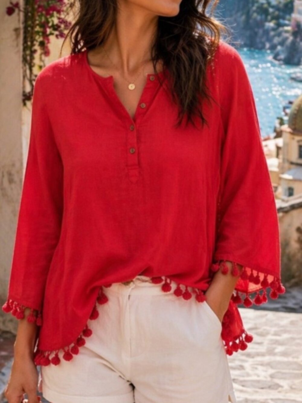NWT Embellish | 100% Cotton Red Tassel 3/4 Sleeve Henley Blouse | Large